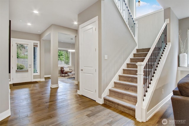 16216 81st Pl NE, Kenmore, WA 98028 - entryway with baseboards, stairway, wood finished floors, and recessed lighting
