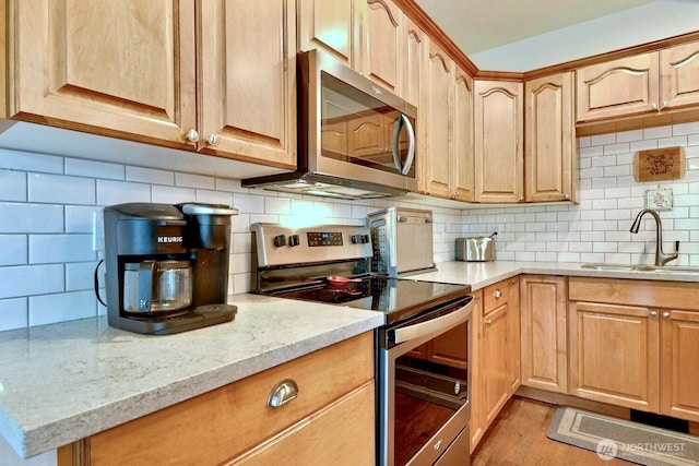 1921 NE Haven Way, Tahuya, WA 98588 - kitchen featuring tasteful backsplash, light wood-type flooring, light stone counters, appliances with stainless steel finishes, and a sink