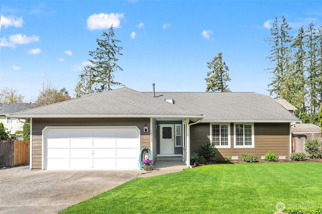 single story home featuring a garage, crawl space, a front yard, fence, and driveway