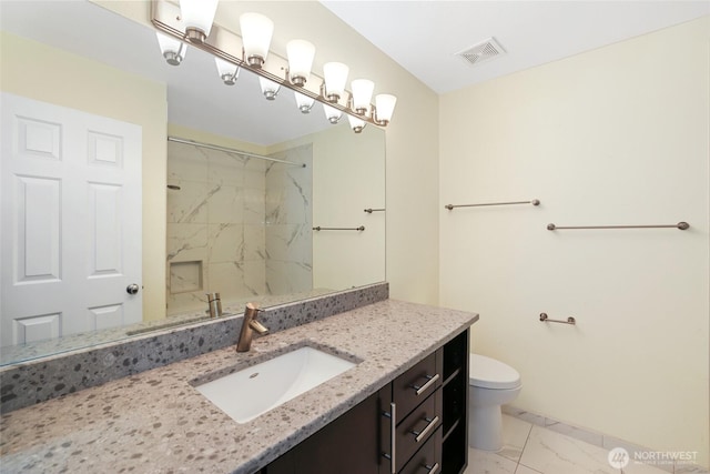 14026 SE 238th Ln, Kent, WA 98042 - full bathroom featuring vanity, marble finish floor, a shower, toilet, and visible vents