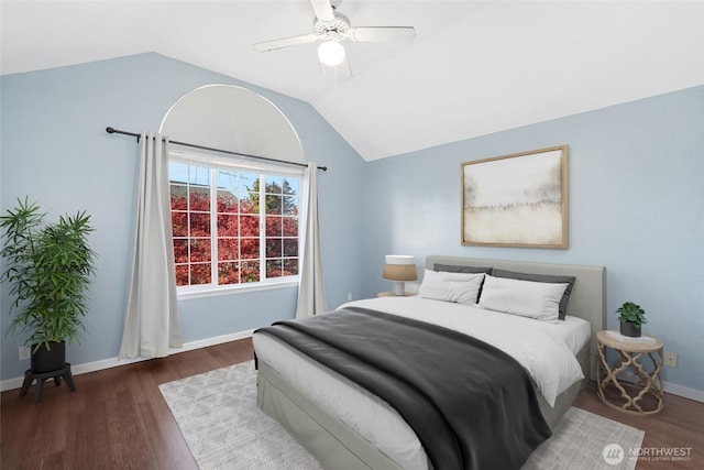 14026 SE 238th Ln, Kent, WA 98042 - bedroom with baseboards, vaulted ceiling, wood finished floors, and a ceiling fan