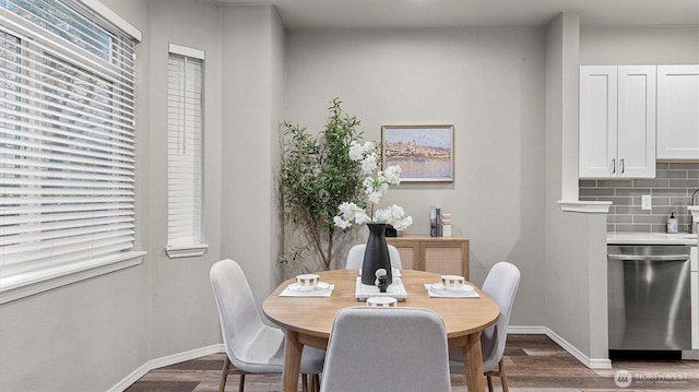 dining area with baseboards and dark wood-style floors
