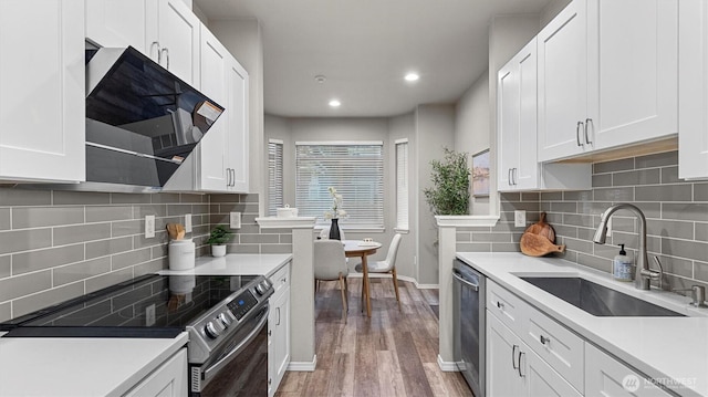 kitchen with wood finished floors, a sink, baseboards, stainless steel appliances, and white cabinetry