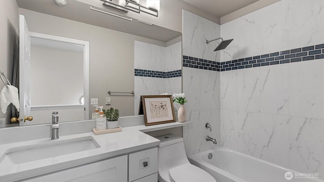 bathroom with toilet, bathing tub / shower combination, and vanity