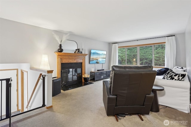 living area with a fireplace with flush hearth and carpet floors