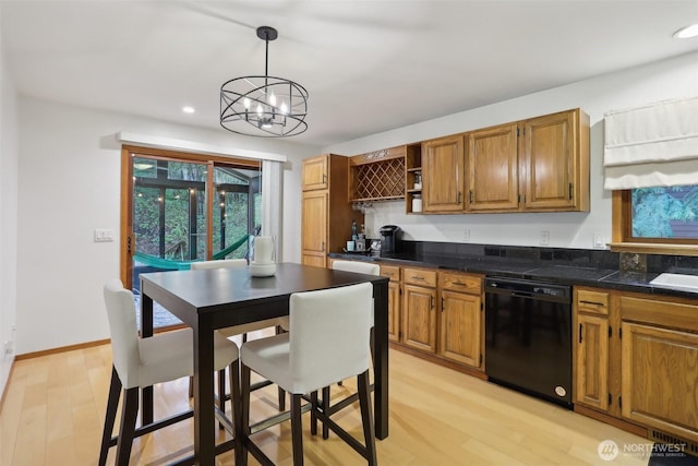 kitchen with recessed lighting, dishwasher, brown cabinets, and open shelves