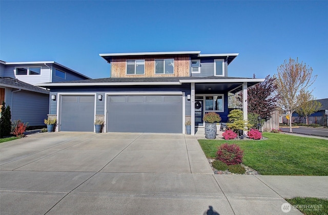 prairie-style home featuring concrete driveway and a front lawn