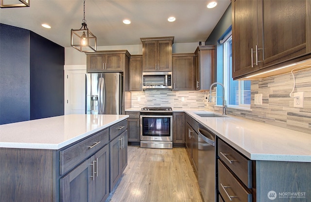 kitchen featuring a sink, tasteful backsplash, light wood-style floors, and stainless steel appliances