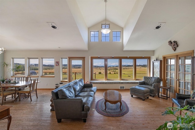 142 Pemberton Pl, Friday Harbor, WA 98250 - living room featuring visible vents, high vaulted ceiling, wood finished floors, and baseboards