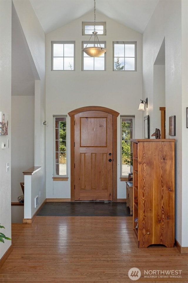 142 Pemberton Pl, Friday Harbor, WA 98250 - foyer featuring high vaulted ceiling, wood finished floors, and baseboards
