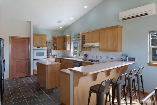 142 Pemberton Pl, Friday Harbor, WA 98250 - kitchen featuring decorative backsplash, white appliances, plenty of natural light, and an AC wall unit