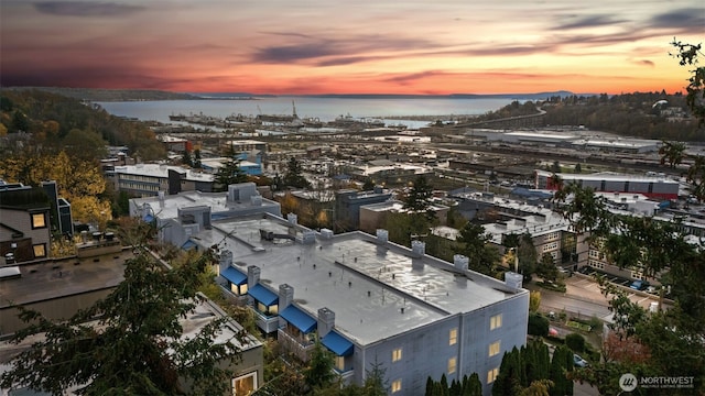 drone / aerial view featuring a water view