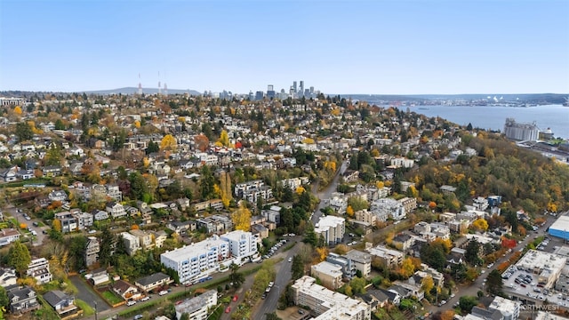 bird's eye view with a water view