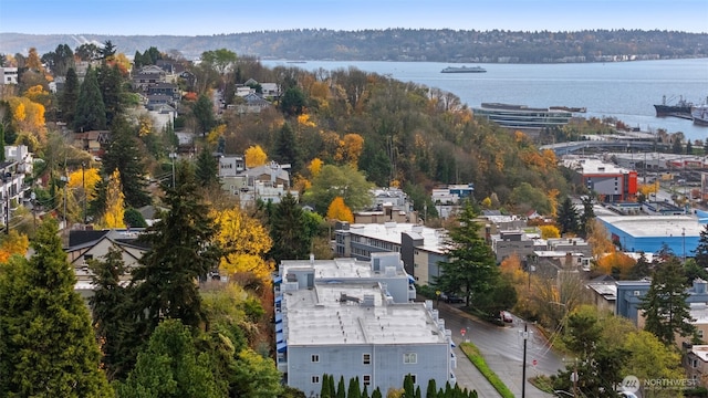 birds eye view of property featuring a water view