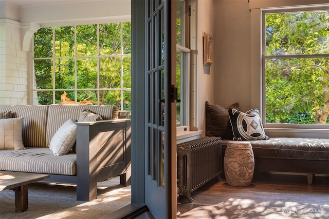 sunroom featuring radiator and french doors
