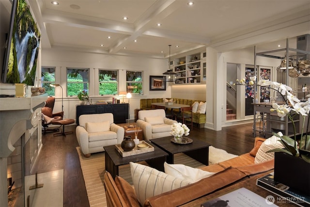 living room featuring recessed lighting, stairway, coffered ceiling, wood finished floors, and beamed ceiling