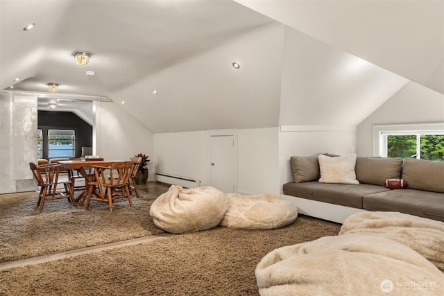 living area with a baseboard radiator, vaulted ceiling, and a healthy amount of sunlight