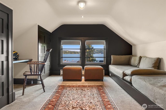 bedroom featuring carpet, a water view, and lofted ceiling