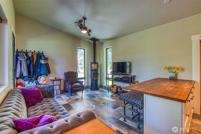 living room featuring a wood stove and stone finish flooring
