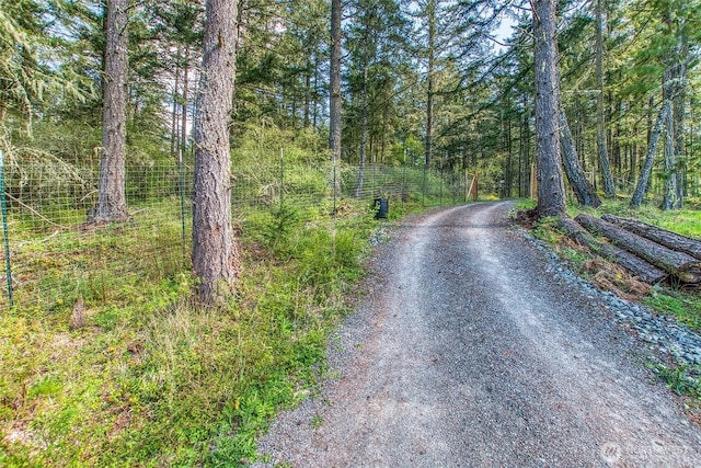 view of street with a wooded view