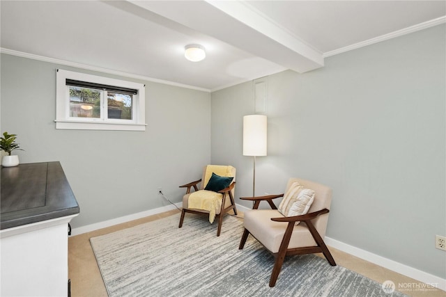 sitting room with baseboards and ornamental molding