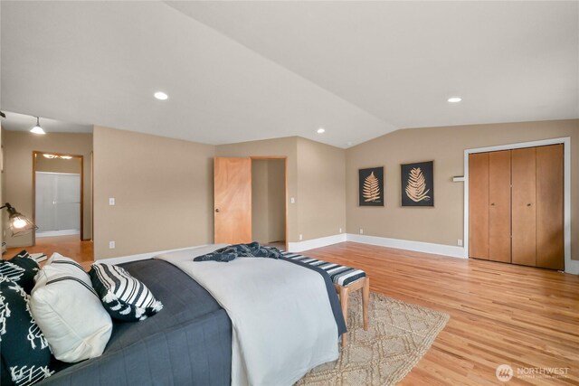 1016 Coronado Ave, Bellingham, WA 98229 - bedroom with recessed lighting, baseboards, vaulted ceiling, and light wood-type flooring