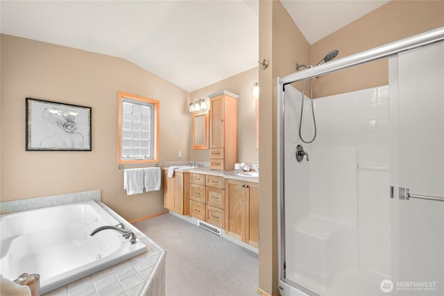 1016 Coronado Ave, Bellingham, WA 98229 - full bath with lofted ceiling, a whirlpool tub, a stall shower, and double vanity