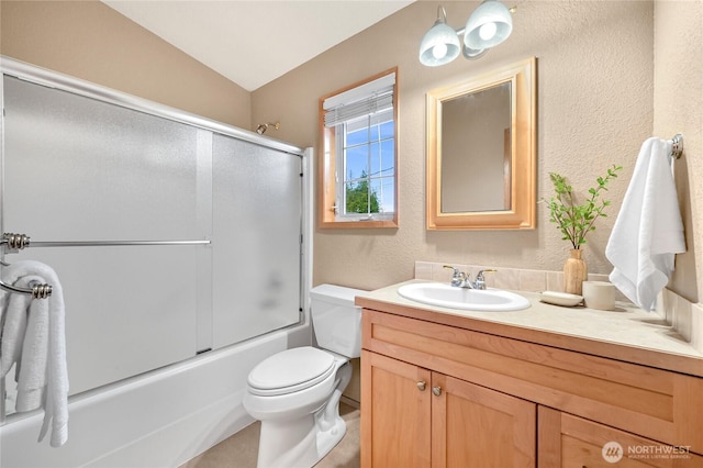 1016 Coronado Ave, Bellingham, WA 98229 - full bathroom with bath / shower combo with glass door, toilet, a textured wall, and vanity