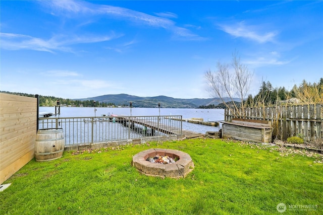 1016 Coronado Ave, Bellingham, WA 98229 - dock area featuring a water and mountain view, a yard, and an outdoor fire pit