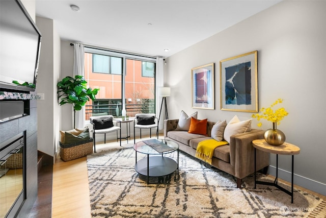 living area featuring baseboards, wood finished floors, and a glass covered fireplace