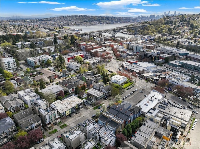 aerial view featuring a water view and a city view