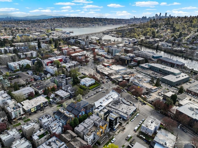 bird's eye view with a city view and a water view