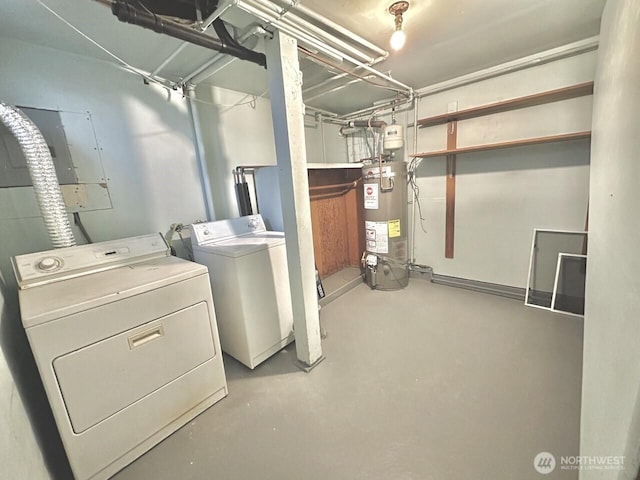 unfinished basement with washer and dryer and gas water heater