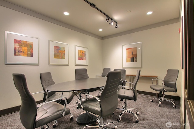 office area with carpet floors, recessed lighting, baseboards, and rail lighting