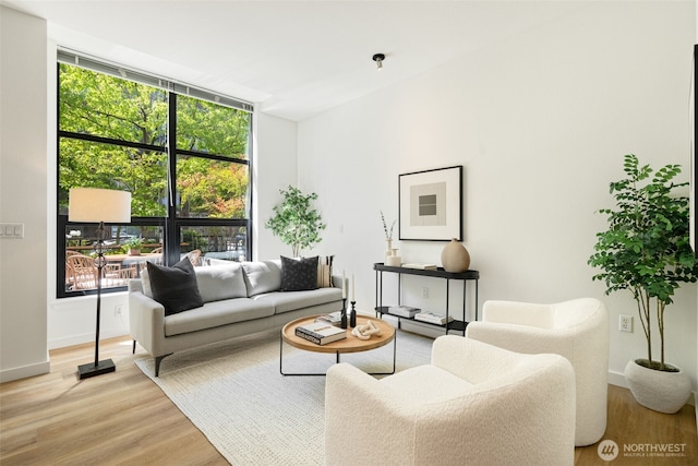 living room featuring light wood-style floors and baseboards