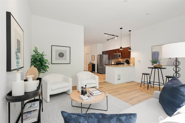 living area with light wood-type flooring and track lighting