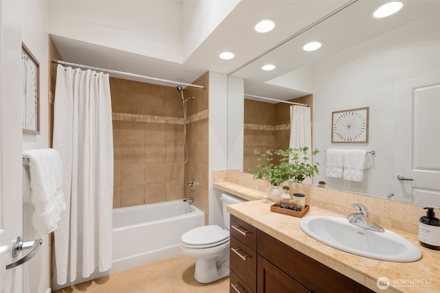 bathroom featuring shower / bath combination with curtain, tile patterned floors, vanity, toilet, and recessed lighting
