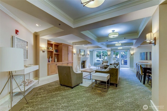 living room featuring a fireplace, ornamental molding, coffered ceiling, baseboards, and beam ceiling