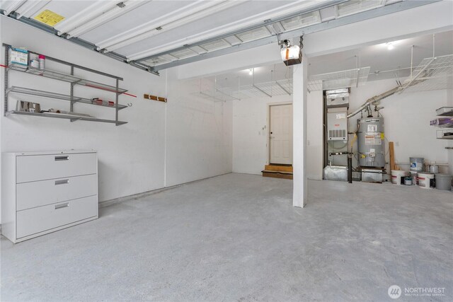 garage with water heater, a garage door opener, and heating unit