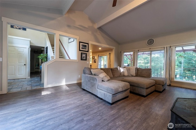 living area with high vaulted ceiling, plenty of natural light, and wood finished floors