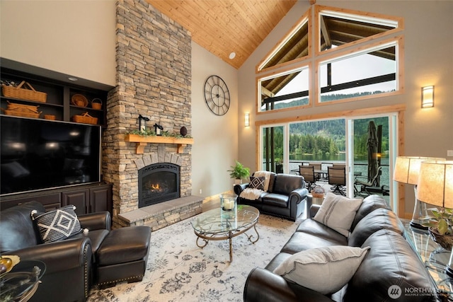 living room with high vaulted ceiling, a fireplace, and wooden ceiling