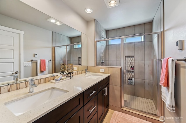 19225 Damson Rd Unit J2, Lynnwood, WA 98036 - full bathroom with a shower stall, recessed lighting, double vanity, and a sink