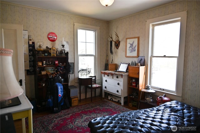 1321 Chestnut St, Milton-Freewater, OR 97862 - bedroom featuring multiple windows, wallpapered walls, and ornamental molding
