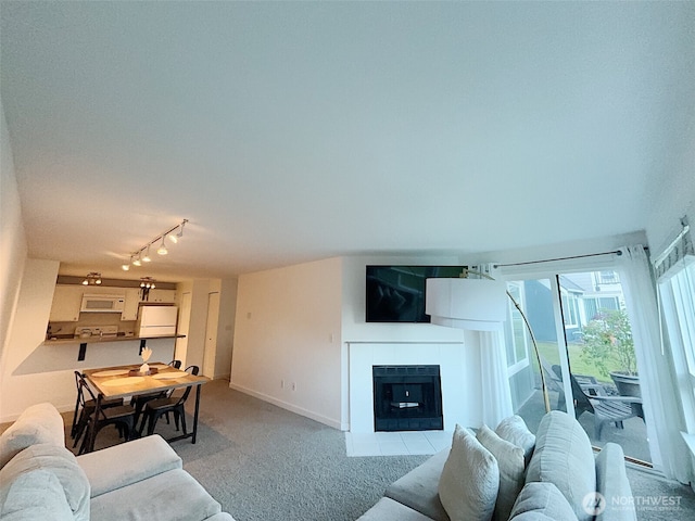 24762 45th Ave S Unit 12-D1, Kent, WA 98032 - living area featuring track lighting, light carpet, a tiled fireplace, and baseboards