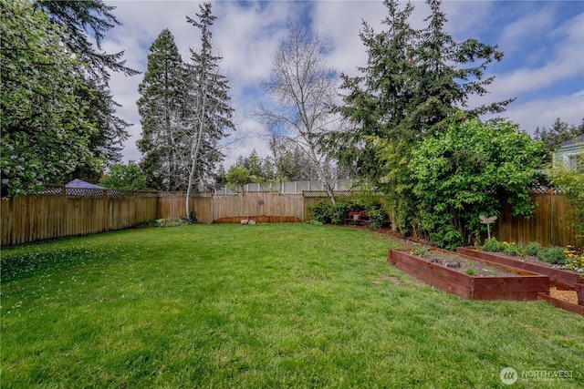 view of yard featuring a garden and a fenced backyard