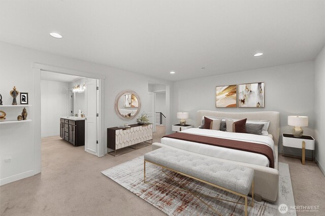 7872 198th Avenue Pl E, Bonney Lake, WA 98391 - bedroom featuring light carpet, recessed lighting, baseboards, and a chandelier