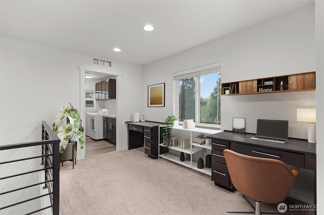 7872 198th Avenue Pl E, Bonney Lake, WA 98391 - office area with washing machine and clothes dryer, light colored carpet, and recessed lighting