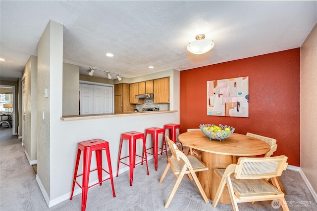 dining space with recessed lighting, baseboards, light carpet, and a textured ceiling