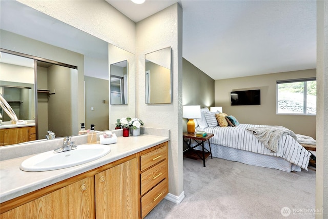 bathroom featuring vanity, a textured wall, and vaulted ceiling