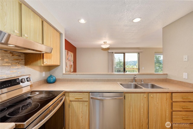kitchen with a sink, appliances with stainless steel finishes, light brown cabinets, and a textured ceiling